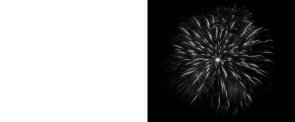 Fototapeta premium Monochrome firework explosion on black background, black and white pyrotechnic display, dramatic light burst for celebration and holiday events