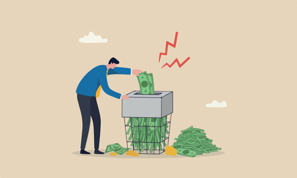 Money shred, fraud causing losing money, mistake or financial failure spending concept, businessman hand feed banknote money into shredder to destroy losing all his wealth