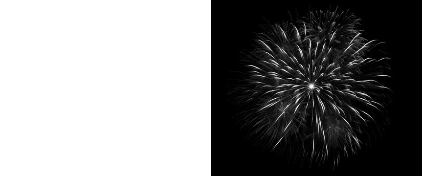 Monochrome firework explosion on black background, black and white pyrotechnic display, dramatic light burst for celebration and holiday events