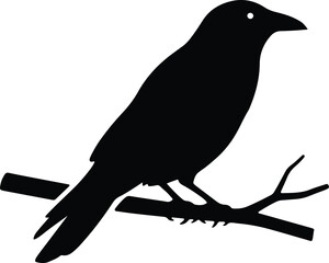 Fototapeta premium Minimalist black silhouette of a crow perched on a branch