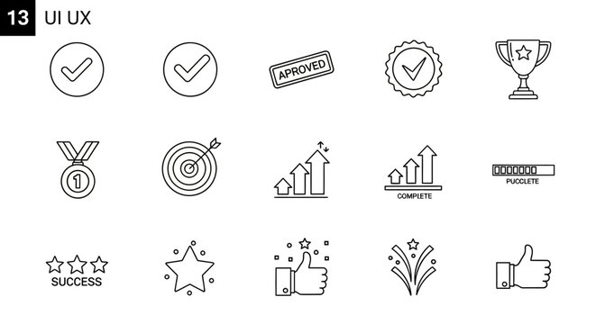 Approved and success vector icons with progress bar checkmarks trophy and medal illustrations.
