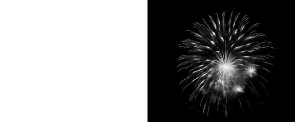 Fototapeta premium Monochrome firework explosion on black background, white pyrotechnic burst with alpha channel, isolated festive firework display for compositing