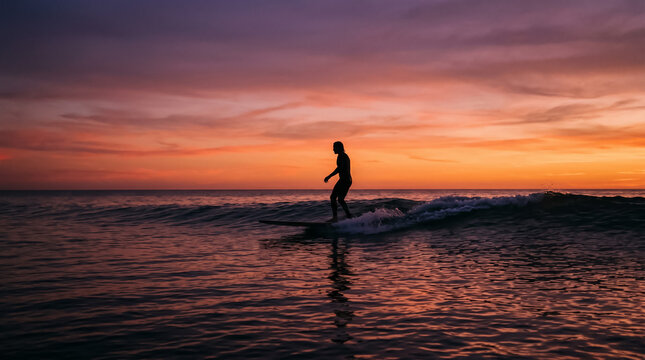 Silhouette of a surfer riding a gentle wave on a longboard during a beautiful summer sunset over the ocean.