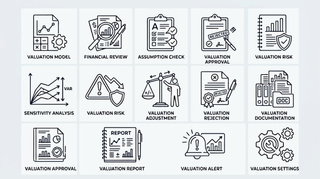Collection of line icons depicting business documents, approvals, and communication elements in a clean vector style.