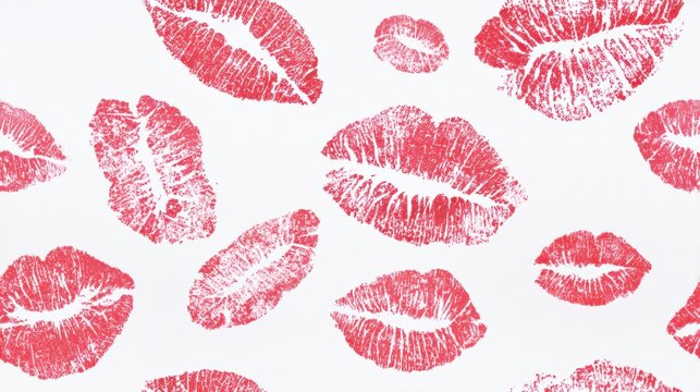 Romantic love theme for Valentines Day. A vibrant red lipstick kiss print on a crisp white background, creating a striking contrast. The print is detailed and precise.