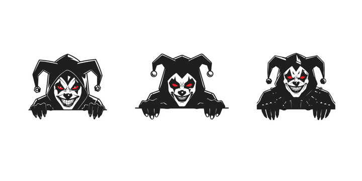 Evil Jester Peeking Red Eyes Horror Clown Vector Logo Bundle