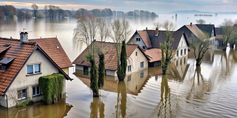 Naklejka premium Submerged Dwellings A Series of Houses Partially Immersed in Floodwaters, Reflecting the Cloudy Sky and Surrounding Trees in the Still Water