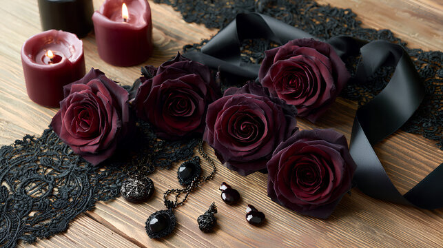 Moody Romantic Background with Deep Burgundy Roses Black Jewelry and Lace Trim 