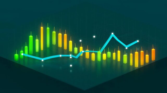 Abstract 3D financial candlestick chart with glowing line graph representing stock market trends.
