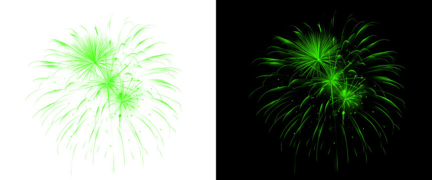 Green fireworks explosion isolated on white and black background, vibrant pyrotechnic burst for celebration, glowing neon green firework display