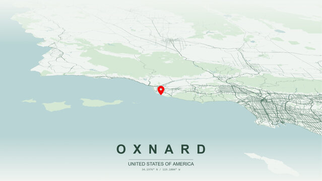Modern minimalist vector map of Oxnard, California, USA. High-quality scalable illustration of Oxnard coastal city grid, Channel Islands Harbor layout, Mandalay Bay water canals for posters design.