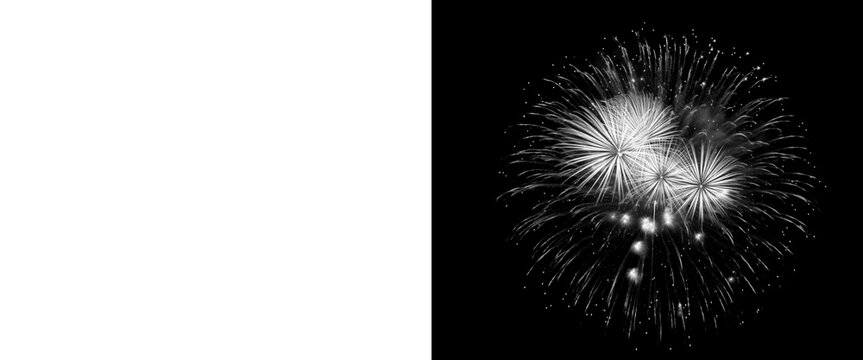 Monochrome fireworks explosion on black background, white firework burst with alpha channel mask, festive pyrotechnic display for compositing
