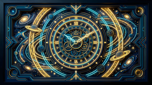 Intricate astrological clock with zodiac signs and cosmic elements