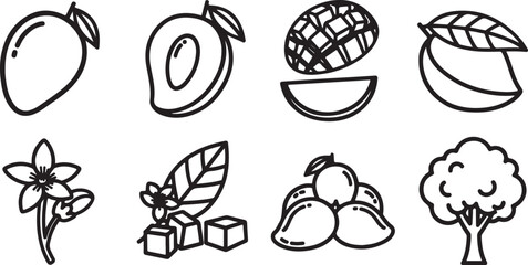 Naklejka premium Simple illustrated fruits, flowers, and tree vector icons set Vector