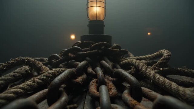 Pushing camera revealing center pile rusty chains, frayed ropes on deck to show caged lantern glow