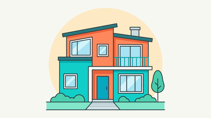 Obraz premium Modern colorful two story house illustration with balcony and small tree in a friendly suburban setting