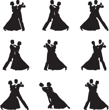 Couple dancing ballroom waltz in elegant black dress and suit Vector