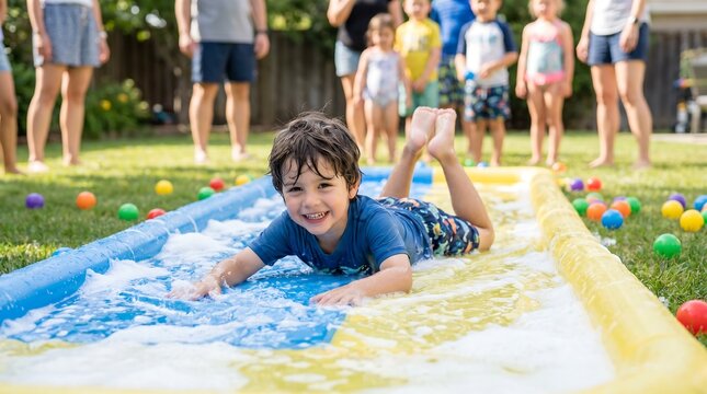 Happy young boy lying on stomach on backyard water slide with soap bubbles and colorful plastic balls on green grass during summer family outdoor play session in bright sunlight
