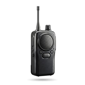 Black portable walkie talkie radio device isolated on white background with soft studio lighting