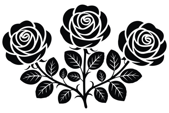 Black silhouette of a three rose flower plant stem with leaves on a transparent grey grid background