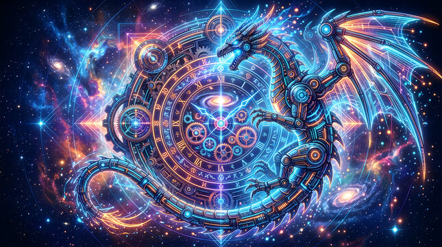 Steampunk clockwork gear design with cosmic and celestial elements