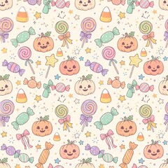Fototapeta premium seamless repeating pattern with candy corn, lollipops, wrapped sweets, pumpkins and stars, pastel Halloween palette
