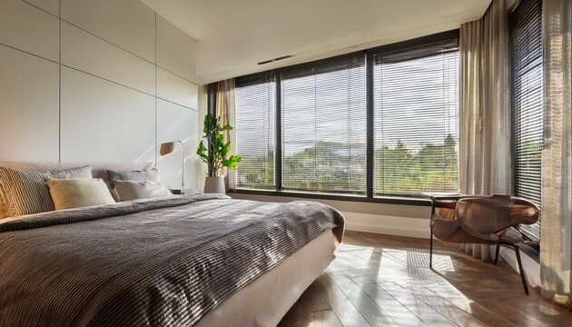 a modern window with brise soleil in a comfortable bedroom