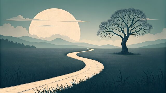 Minimalist landscape illustration of a winding path through a field toward a large sun with a solitary tree
