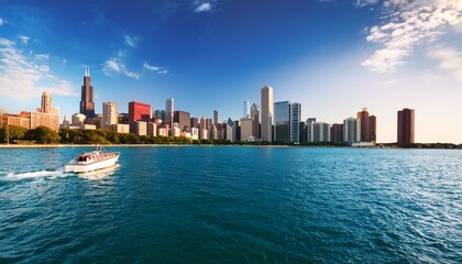 Obraz premium chicago skyline view from a boat of a lake
