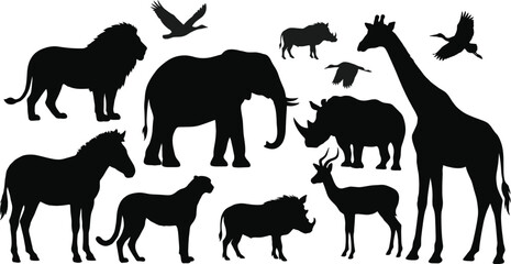 African safari animal silhouette collection with elephant, lion, giraffe, rhino, and zebra for wildlife conservation and nature design © MSTALIFNUR