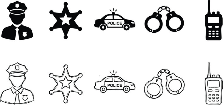 Law enforcement and police duty icon collection featuring officers, badges, patrol elements, and security symbols in solid, outline, and hand-drawn sketch styles. 