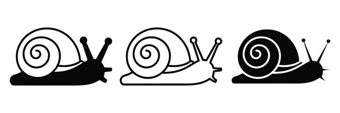 Set of three snail icons in different styles for design and illustration purposes, Featuring black, White, And outlined versions