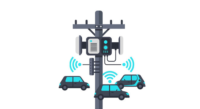 Smart City Infrastructure with Autonomous Electric Vehicles Communicating with IoT Sensors on a Utility Pole, V2I Connectivity Concept Vector Illustration