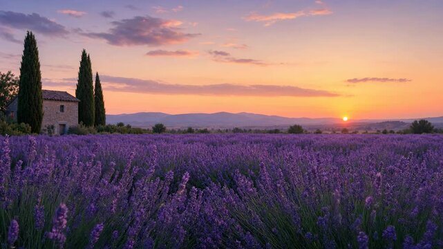 Lavender fields stretching across the countryside at sunset. Summer travel destination, floral landscape and agricultural beauty concept.