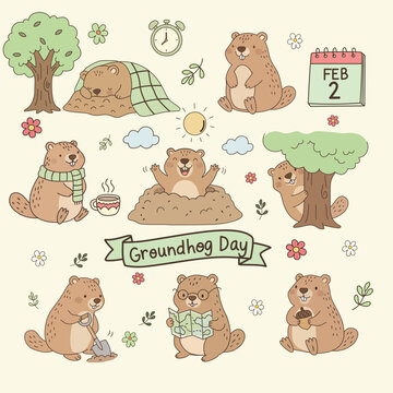 Cute groundhog day character set with funny marmot or woodchuck in kawaii cartoon style