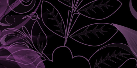 Pattern purple damask gothic floral wallpaper royalty background. a postcard with a face in a poligeenan style ornament. Black banner with mask of the gold ornaments and place for your logo.  © Saiful