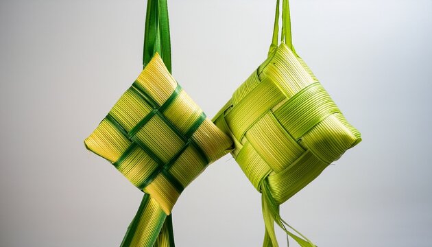 two ketupat hanging together against a plain white background close up view