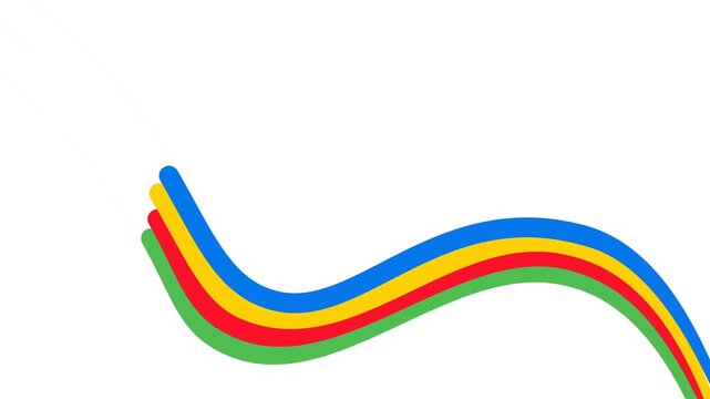 Colorful abstract motion graphic with smooth parallel curved lines flowing across a white background. Vibrant blue, yellow, red, and green Rainbow ribbons create a dynamic wave transition effect. 