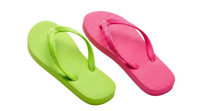 A pair of green and pink flip flops lie next to each other on a white surface