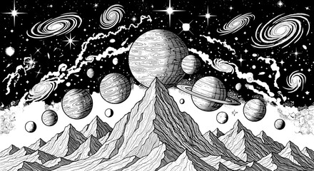 Surreal cosmic landscape with mountains and planets in space © Evi
