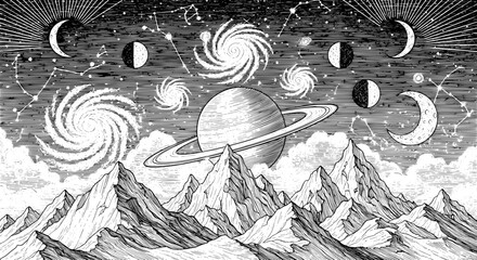 Celestial landscape with saturn planet, galaxies, moon phases and mountains © Evi