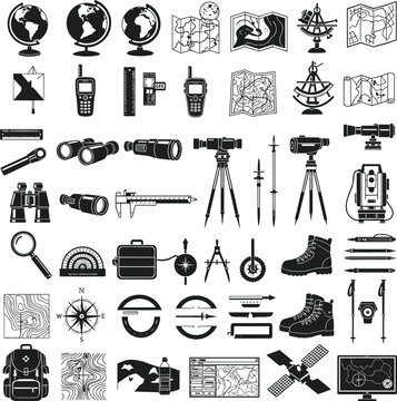 Navigation and Mapping Icon Set with Compass, GPS, Maps, Survey Tools, and Exploration Equipment for Travel, Outdoor, and Geographic Designs