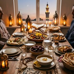 Fototapeta premium Elegant Middle Eastern Dinner Setting with Traditional Food and Lanterns
