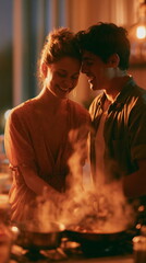 Fototapeta premium Smiling couple sharing a joyful moment at home reflects happiness, companionship, warmth and authentic everyday connection.
