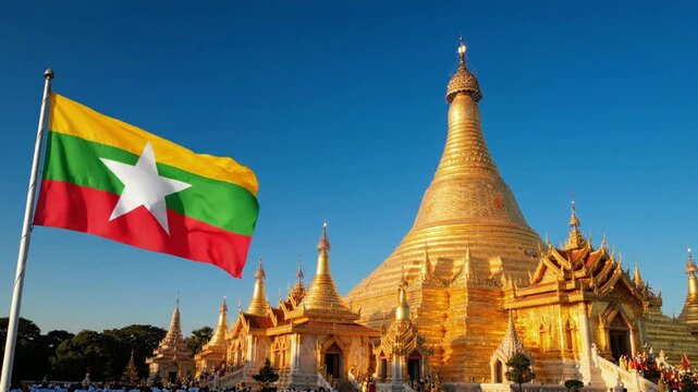 Myanmar flag waving against shwedagon pagoda in yangon, golden buddhist temple landmark at sunset, travel and tourism concept