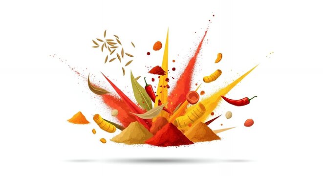 Colorful Spice Explosion with Chili Turmeric and Aromatic Herbs on White Background