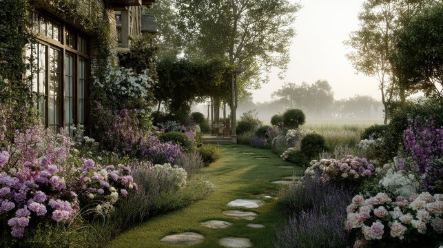 Spring season, garden, flower, fresh, life. A romantic garden with a stone house surrounded by lush greenery and vibrant flowers. The house has glass windows and is situated on a grassy path.