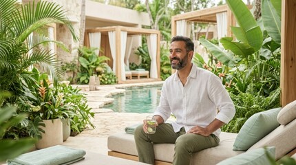 Obraz premium Man relaxing by a tropical resort pool with a refreshing drink and lush greenery