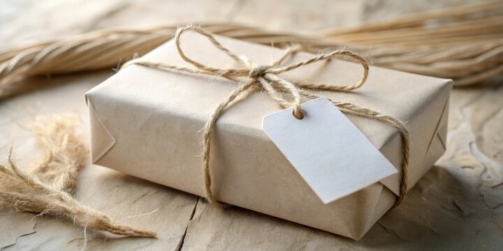 A rustic, simply wrapped gift box, tied with twine and adorned with a blank tag, rests on a textured surface, ready for a personalized message and thoughtful delivery.