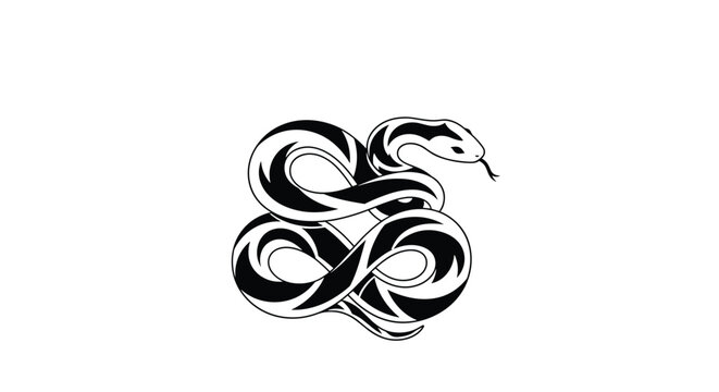 Stylized black and white illustration of a coiled snake with its tongue out against a plain white background for design.